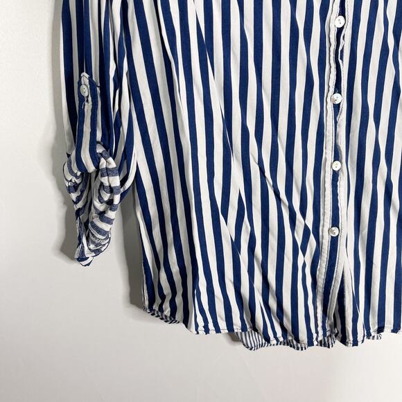 Jane and Delancey Womens Large Blue White Striped 3/4 Sleeve Blouse Button Back - Picture 4 of 8
